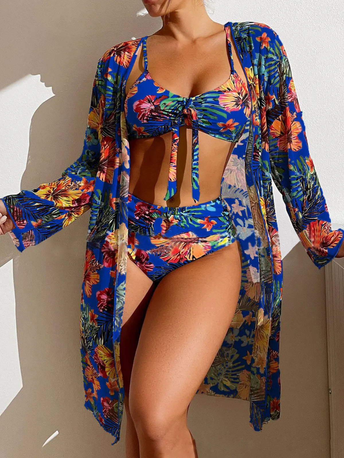 Size S-3XL Bikini Three Pieces Floral Printed Swimsuit Women Bikini Set With Mesh Long-Sleeved Blouse,Bra Top with Pad Swimwear SS69 33.69 blue / XXXL