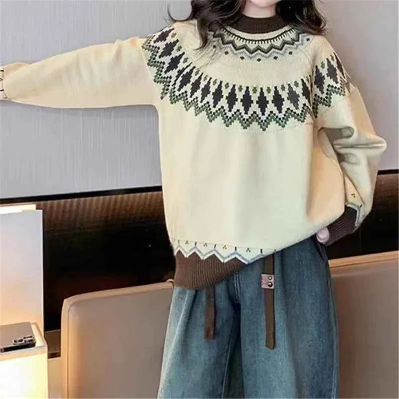 Spring Knitted Women's Sweater O-neck Long Sleeve Casual Loose Sweater Elegant Trendy Print Female Winter Fashion Ladies Clothes