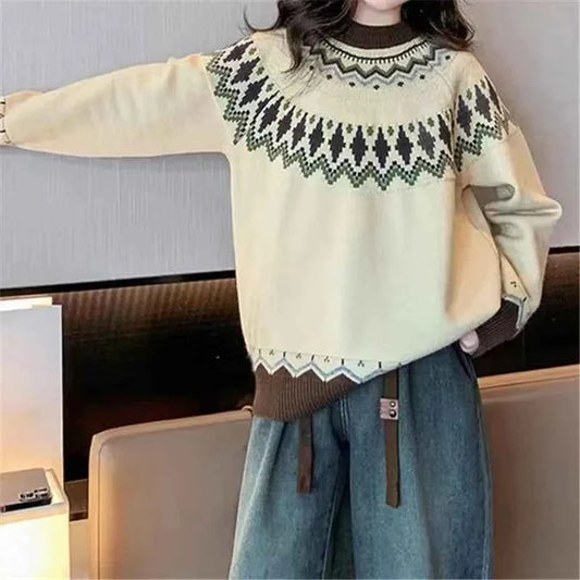 Spring Knitted Women's Sweater O-neck Long Sleeve Casual Loose Sweater Elegant Trendy Print Female Winter Fashion Ladies Clothes