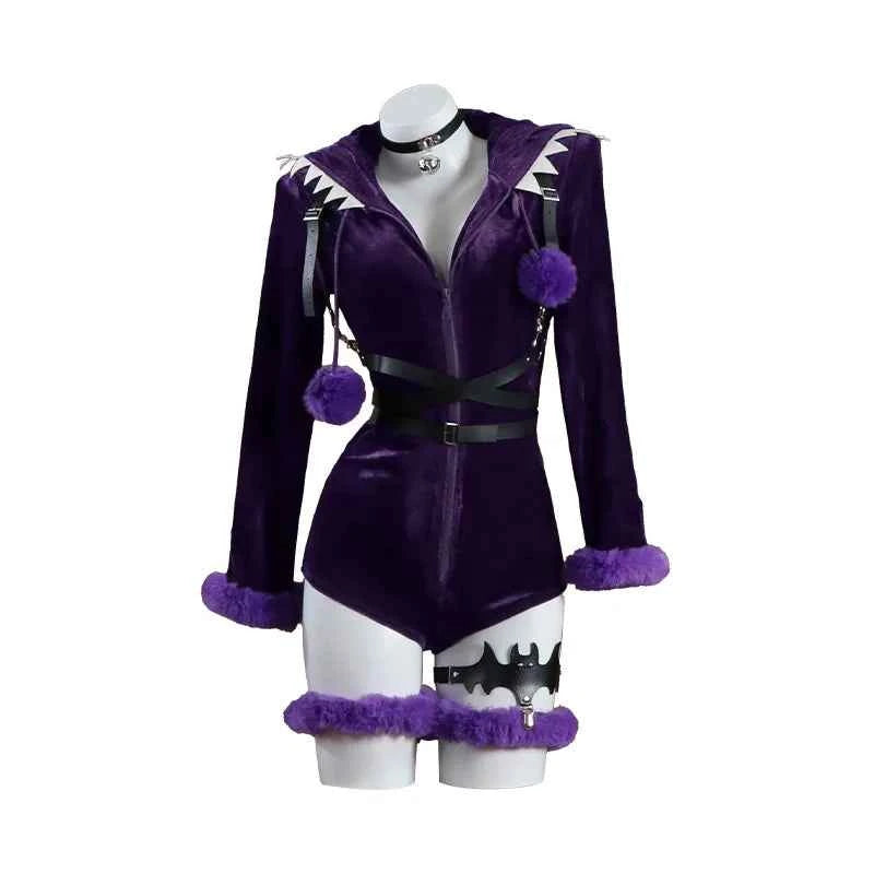 Anime Gengar Cosplay Costume Women Sexy Purple Ghost Romper Bodysuit Plush Hooded and Socks with Belt and Tail Halloween suit