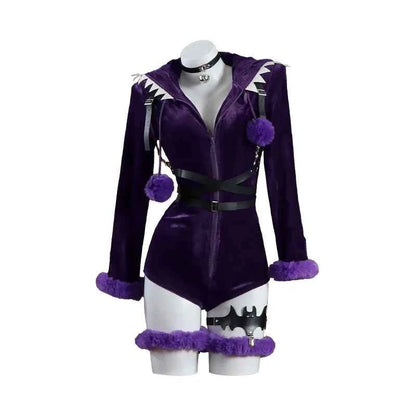Anime Gengar Cosplay Costume Women Sexy Purple Ghost Romper Bodysuit Plush Hooded and Socks with Belt and Tail Halloween suit
