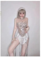 Sparkly Rhinestone Fringe Mesh Dance Costume for Women