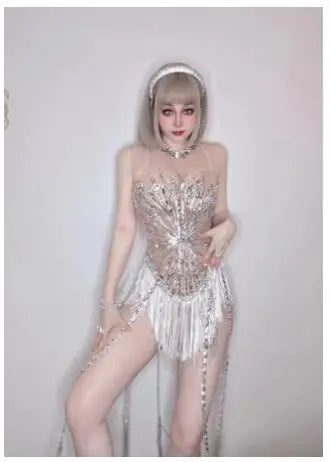 Sparkly Rhinestone Fringe Mesh Dance Costume for Women
