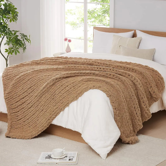 JUANNAI Handmade 100% Cotton Chunky Knit Throw Blanket for Bed and Couch