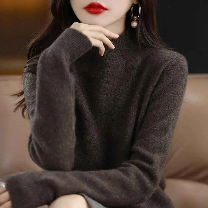 Autumn Winter Women Sweater Korean Fashion Warm Bottoming Shirts Half High Collar Basic Knitwear Solid Long Sleeve Pullovers