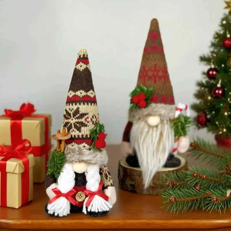 Christmas Decorations, Knitted Hat with Pine Branch, Rudolph Plush Toy, Gnome Faceless Doll Figurine