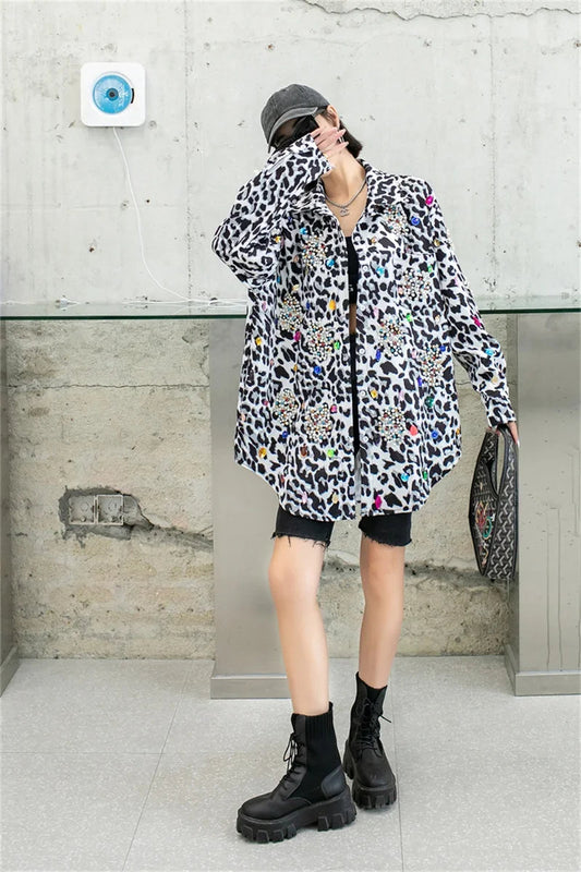 Harajuku Vintage Pearl Beaded Diamonds Leopard Print Women Thin Shirt Jacket Loose Casual Lapel Long Sleeve Female Jacket Coat SS69