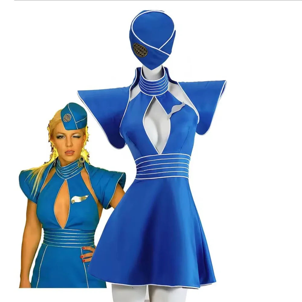 Classic Britney Blue Flight Attendant Uniform Cosplay Costume Retro Stewardess Themed Outfit For Halloween Carnival Masquerade