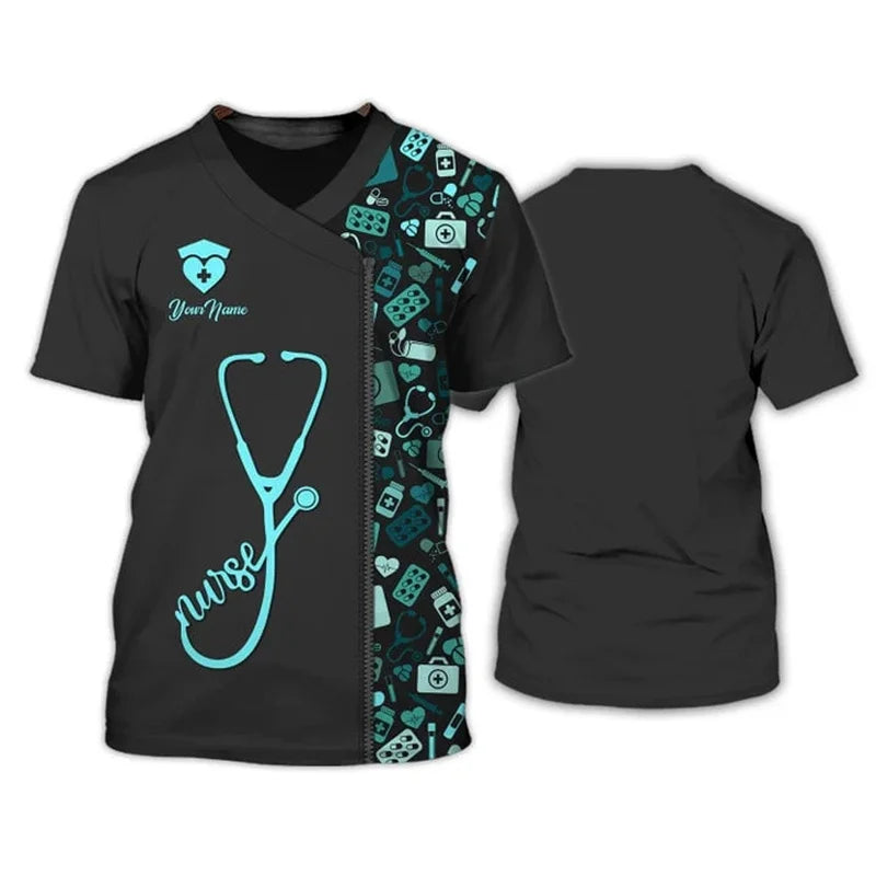 Heart Nurse 3D T Shirt Custom Nurse Uniform Nursing Tools Print Short Sleeve Black Pink Medical Scrubs Clothing Nurse Tshirt SS69
