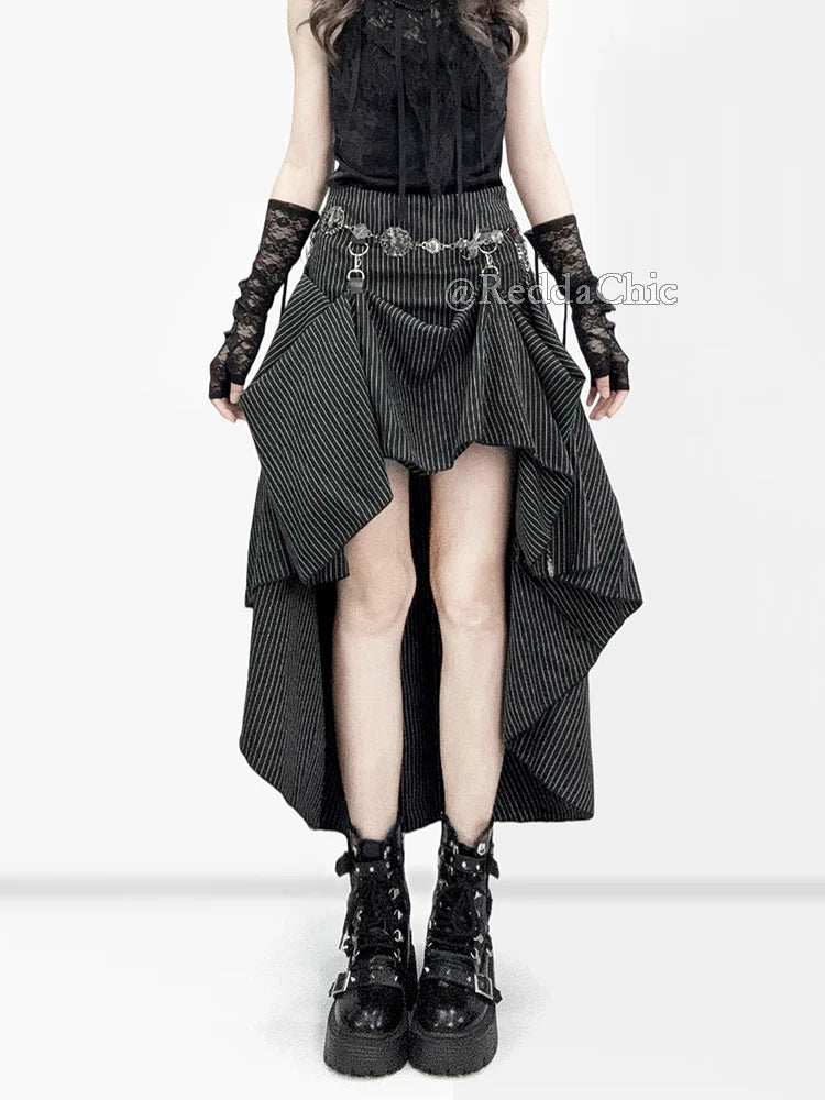 REDDACHiC Black Striped Suit Skirt Grunge Retro 3-Way Fishtail High-Low Maxi Long Train Skirt Gothic Woman Alternative Clothes