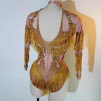 Custom rhinestones bodysuit tassels women Celebrate stage Team pole dance club party fashion leotard clothing