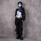 Harajuku Printed Black Zipper Hoodie