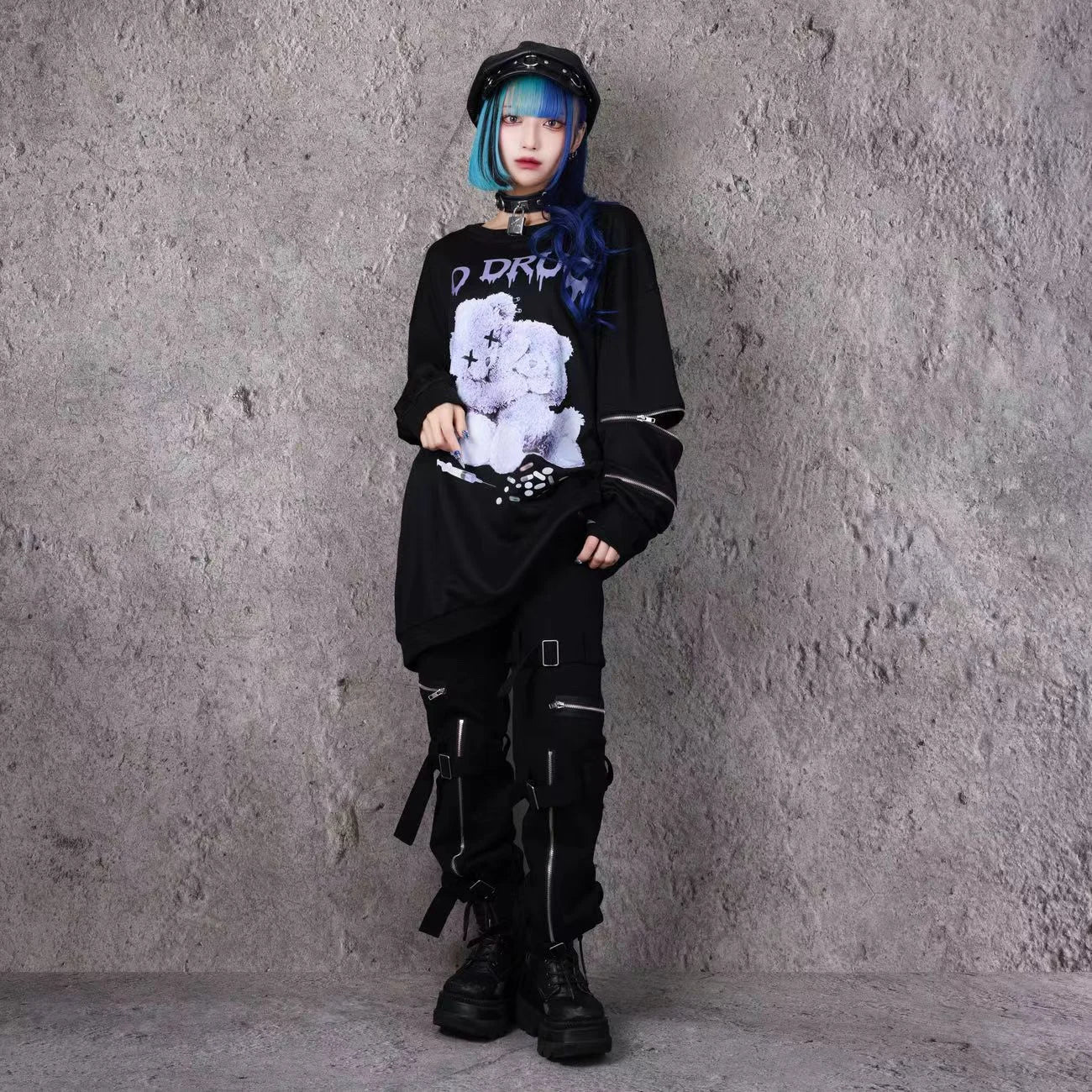 Harajuku Printed Black Zipper Hoodie
