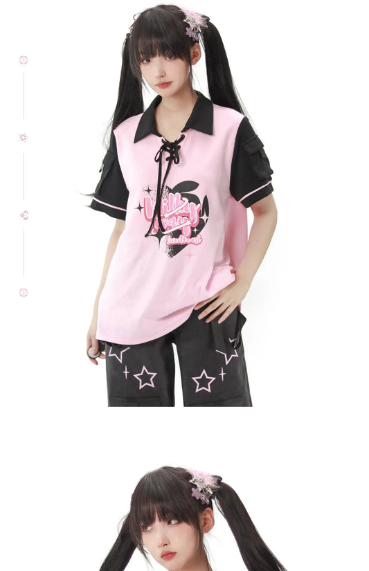 Black Pink Y2K Clothing Set Hot Girls Strapless Strap Short Sleeve T-shirt Slimming Jeans Long Pants Female 4 Piece Set Outfits SS69