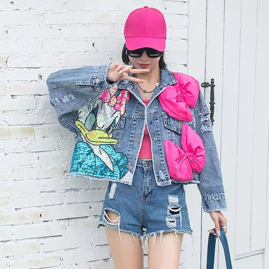 2024 New Women Coat Cartoon Sticker Embroidered Sequin Short Denim Jacket Loose Bowknot Top SS69