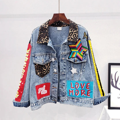 Sequins Loose Denim Jacket Girls Students High Street Party Jeans Coats Women 2023 New Female Nightclub Outwear Chaqueta Mujer SS69