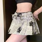 Sexy Newspaper Printed Skirt Women Summer Streetwear Belt High Waist A Line Short Pleated Skirts Girls Casual Shorts Saia Female