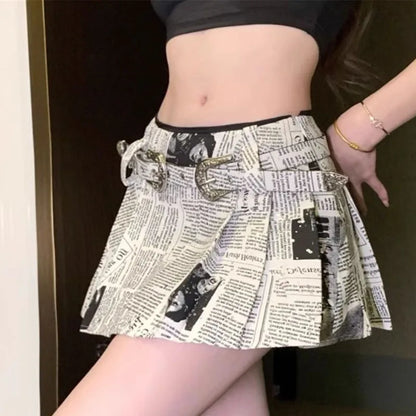 Sexy Newspaper Printed Skirt Women Summer Streetwear Belt High Waist A Line Short Pleated Skirts Girls Casual Shorts Saia Female