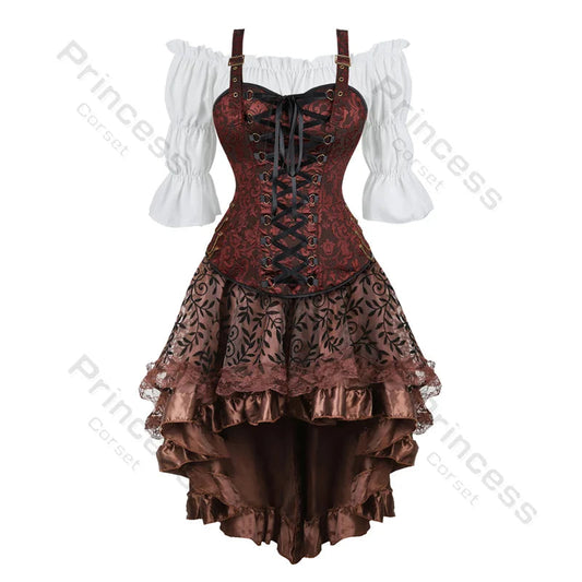 Brown Pirate Dress Plus Size Faxu Leather Steampunk Corset Dress with Shoulder Off Blouse Cosplay Pirate Costume for Women SS69 77.69 Brown white / XXXL