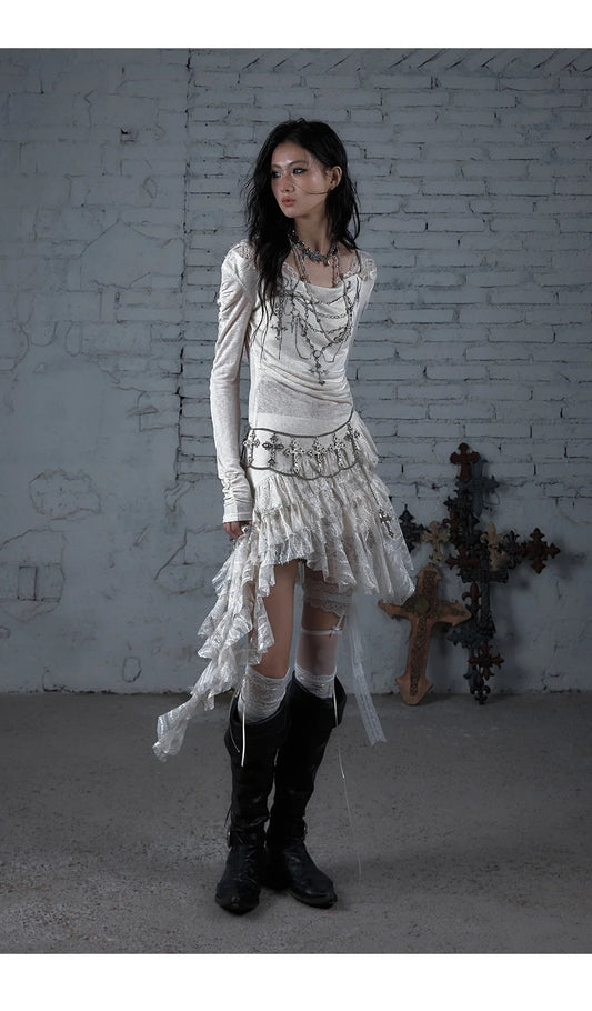 NO ROMANCE Fairy Sexy Punk Printing Half Transparent Lace Patch Knitted Long Sleeve Hooded Dresses Rock Gothic Design Vestidos SS69