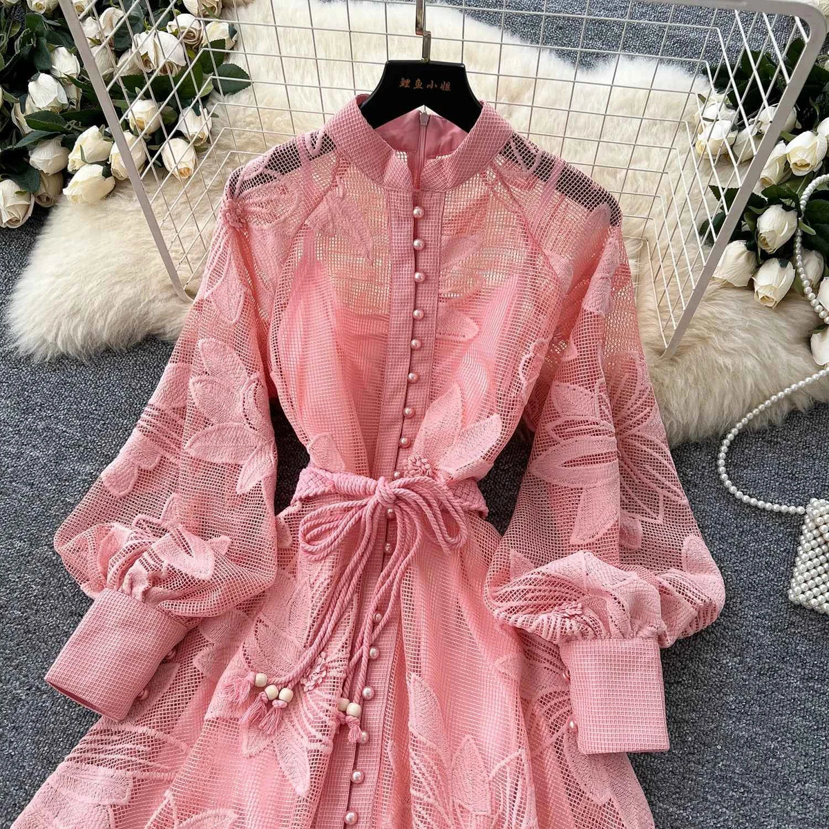 SINGREINY Women Elegant Floral Emboridery Dress Hollow Out Long Sleeve Single Breasted Belt French Court Chic Short A Line Dress