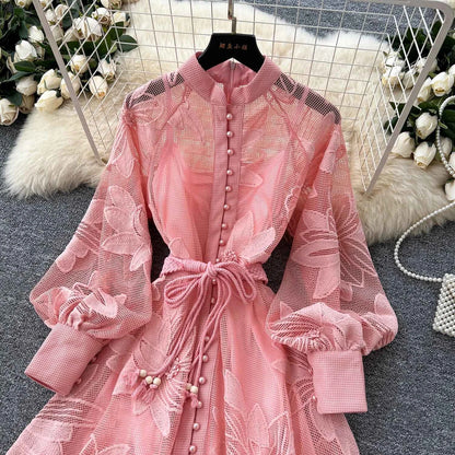 SINGREINY Women Elegant Floral Emboridery Dress Hollow Out Long Sleeve Single Breasted Belt French Court Chic Short A Line Dress