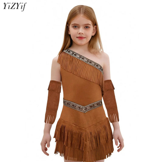 YiZYiF Girls Native American Inspired Fringe Dress with Sleeves Cosplay Set