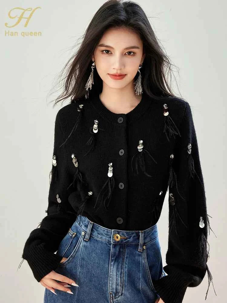 H Han Queen Autumn Simple Basic Black Tasseled Sequins Knitted Coats Cardigan Sweater For Womens Tops Long Sleeve Cardigans