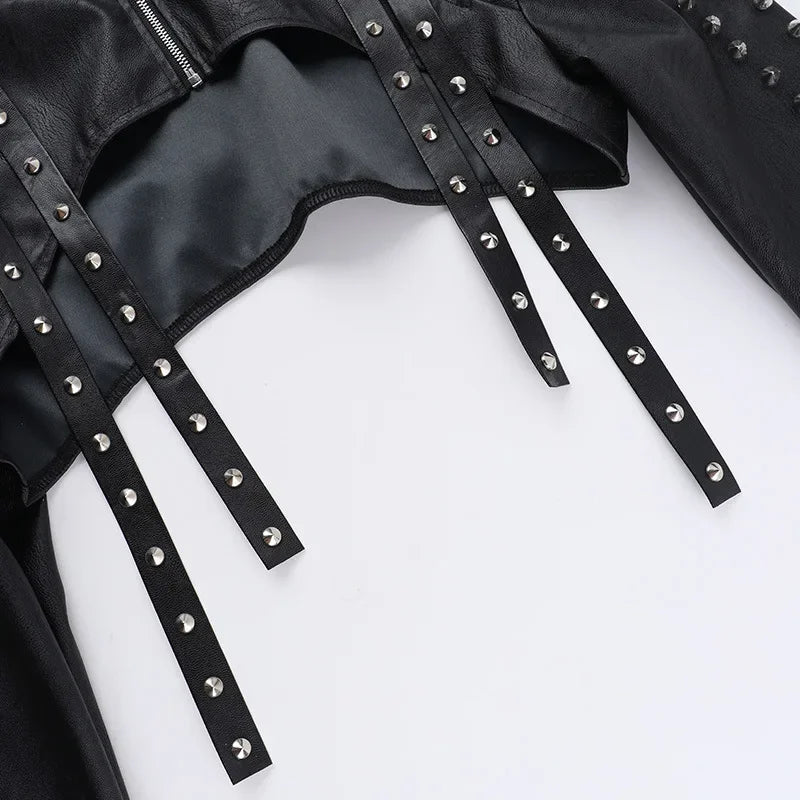 Punk Faux Leather Cropped Jacket with Rivets - Women's Streetwear