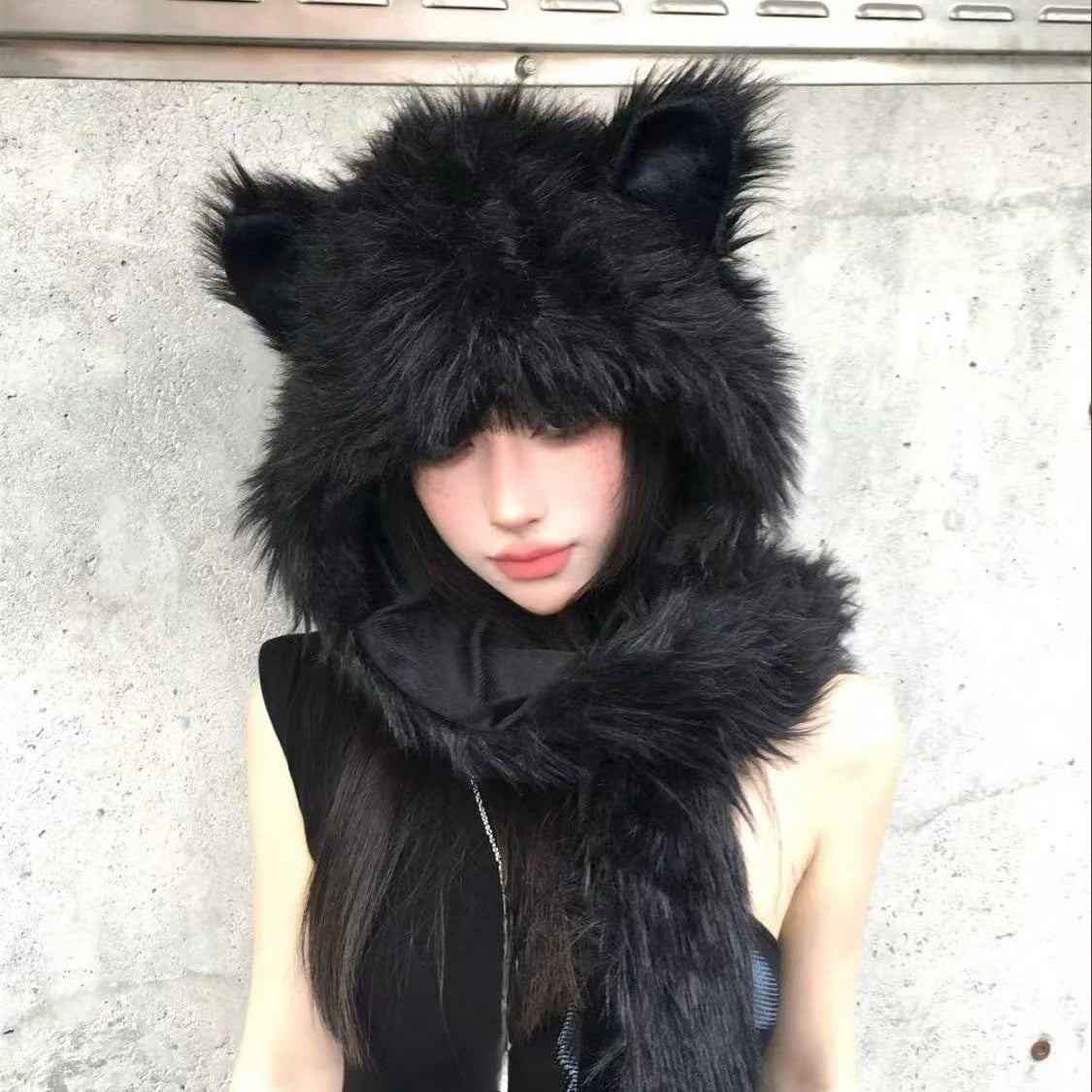 Japanese Kawaii Cute Fur Scarf Hat Winter Keep Warm Y2k Aesthetic Fashion Vintage Cap Bears Ears Women Hats Grunge Streetwear SS69