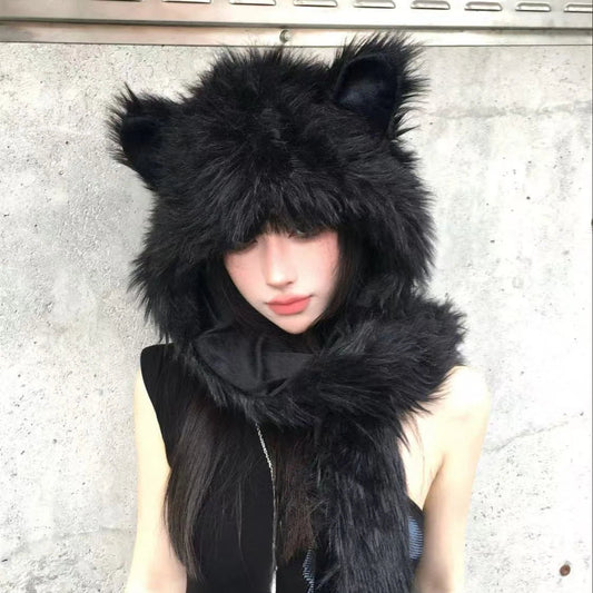 Japanese Kawaii Cute Fur Scarf Hat Winter Keep Warm Y2k Aesthetic Fashion Vintage Cap Bears Ears Women Hats Grunge Streetwear SS69