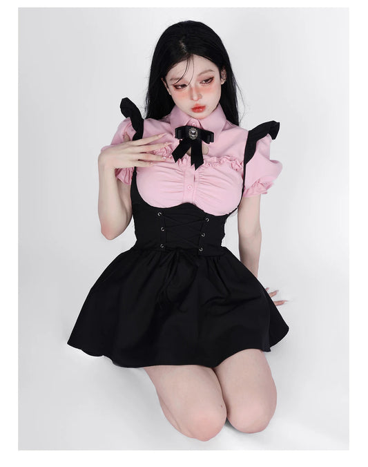 Summer Kawaii Clothing Pink Y2k Crop Tops Blouse + Black Mini Dress Two Piece Set for Women Casual Bodycon Korean Suit Chic SS69