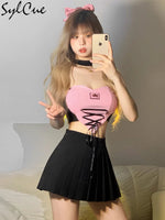 Sylcue Stitching Pink Sexy Hanging Neck Elastic Outer Wear Mature Charm Hot High Street Royal Sister Women's Vest Short Top SS69