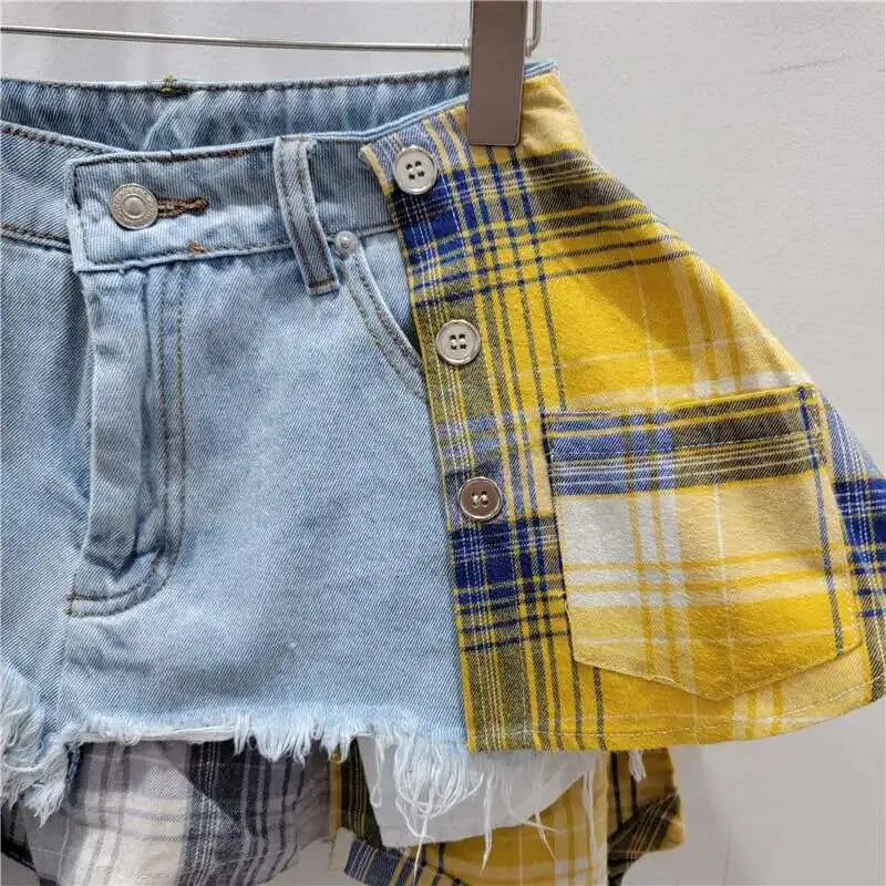 DEAT Women's Denim Skirt Colored Plaid Patchwork Irregular Deconstructed A-line High Waist Mini Skirt 2025 Summer New Fashion SS69