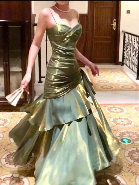 Women Summer New Elegant Ruffled Maxi Dress Light Luxury Bodycon Sling Fishtail Dresses Vintage Party Gown Prom and Events