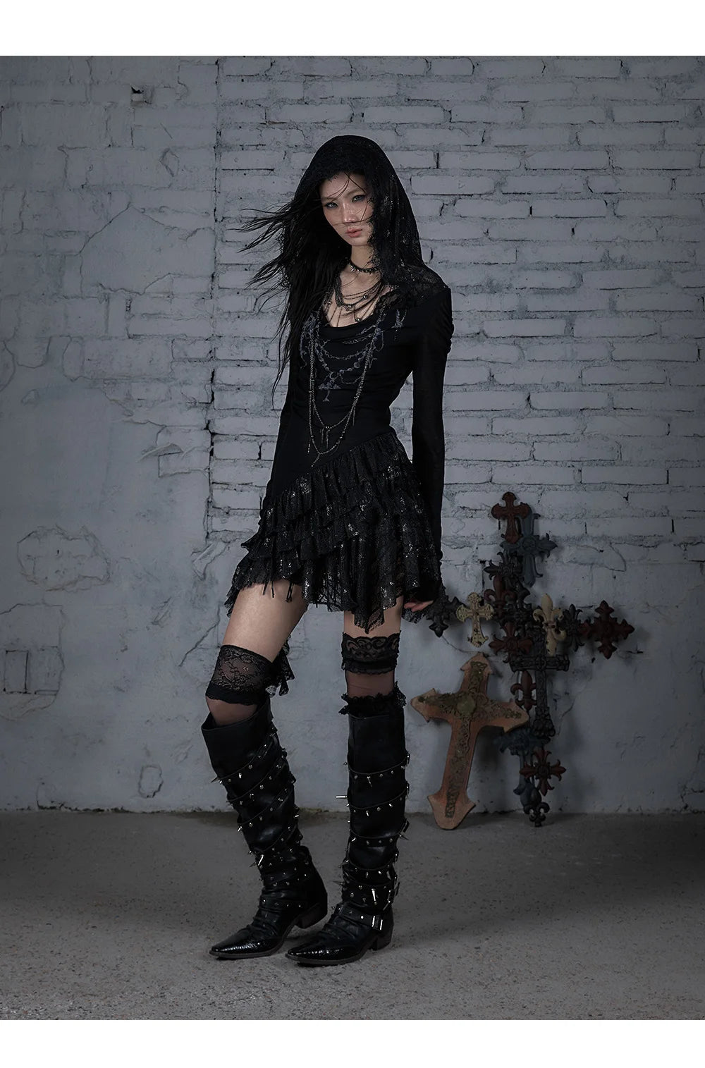 NO ROMANCE Fairy Sexy Punk Printing Half Transparent Lace Patch Knitted Long Sleeve Hooded Dresses Rock Gothic Design Vestidos SS69