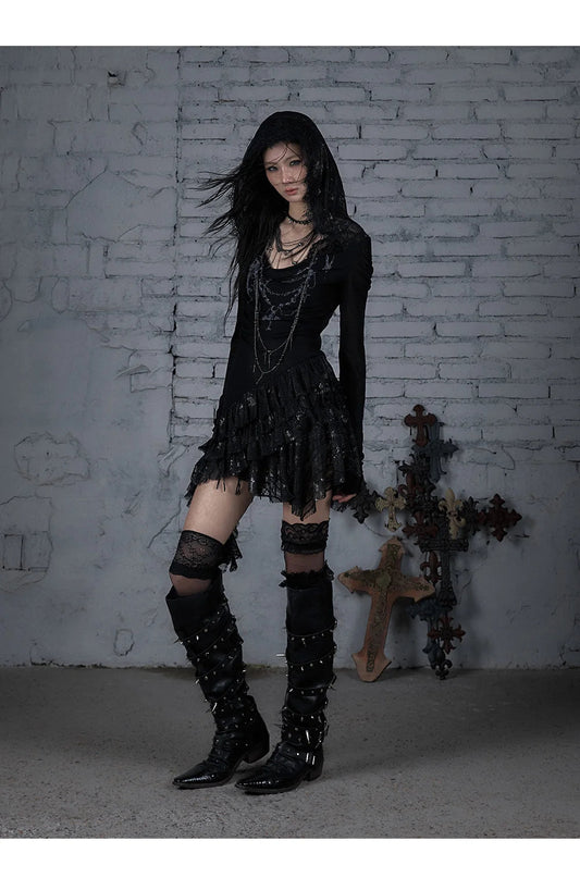 NO ROMANCE Fairy Sexy Punk Printing Half Transparent Lace Patch Knitted Long Sleeve Hooded Dresses Rock Gothic Design Vestidos SS69