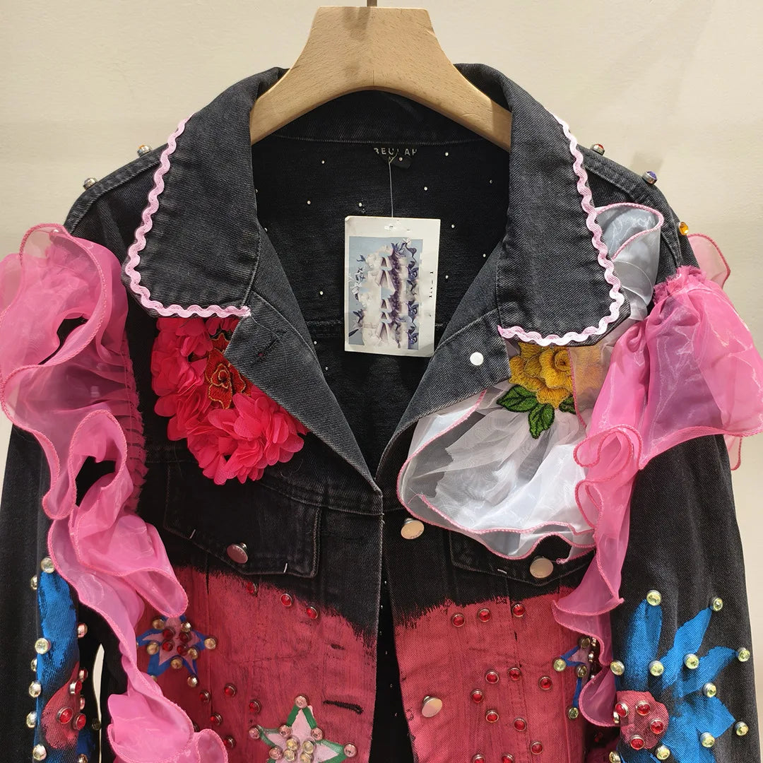 Graffiti Sequins Lace Diamonds Beaded Mesh Splice Ruffles Denim Coat Loose Rivets Jeans Jacket Cardigan Rhinestones Cowboy Tops SS69