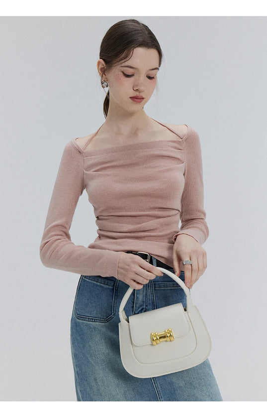 EGGKA Autumn One-shoulder Halter Neck Knitted Tops Women Slim Designer T-Shirts Slash Neck Long Sleeve Tops Korean Fashion Tees - SS69