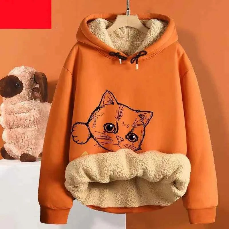 Inner Lining Composite Lamb Fleece Sweatshirt Thick Winter Loose Keep Warm Hoodie Peeking Cartoon Cat Women's Oversized Pullover
