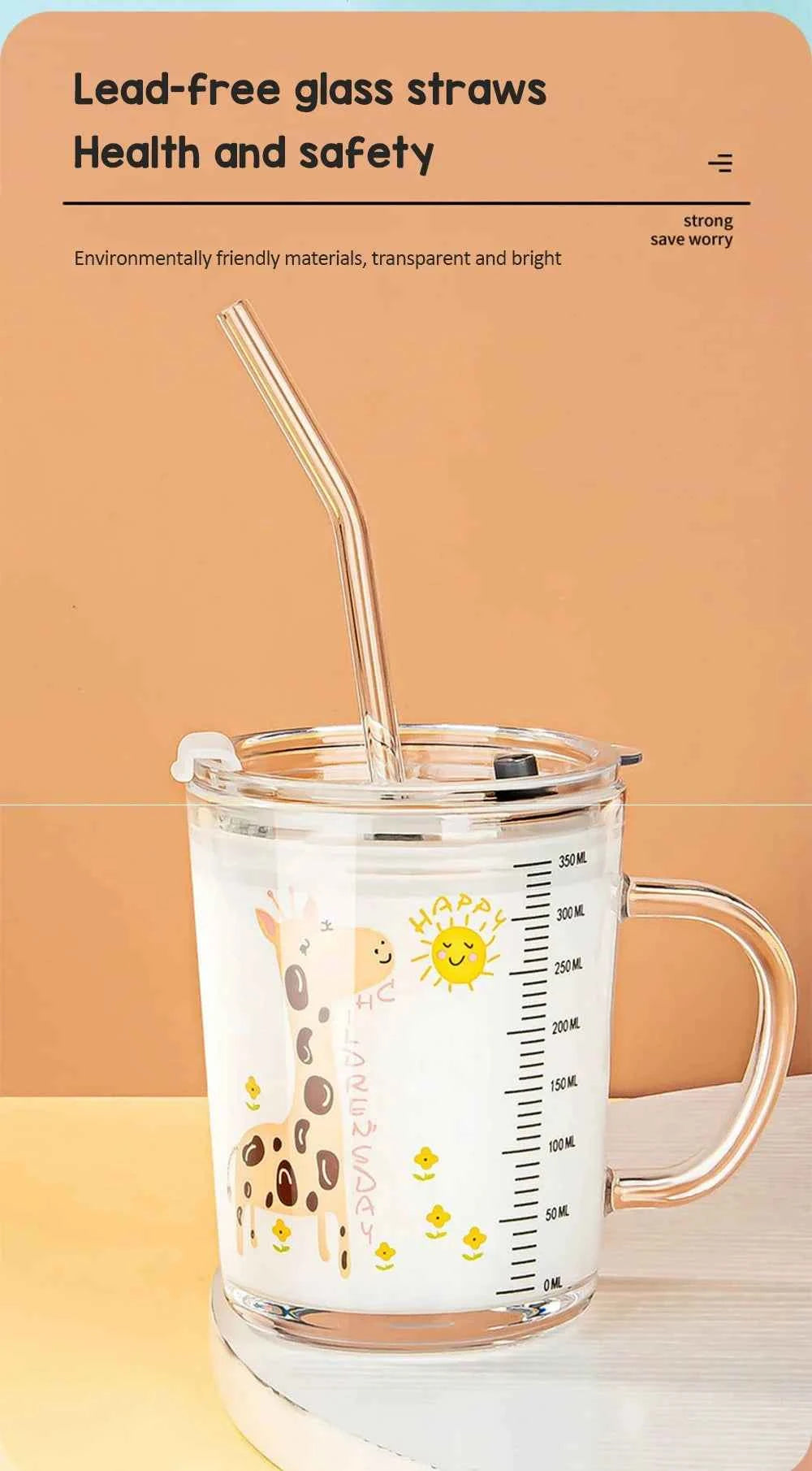 350ml Cute Unicorn Children Milk Cup With Scale Transparent Breakfast Cup With Straw Lid Cartoon Glass Cup For Kids Drinkware
