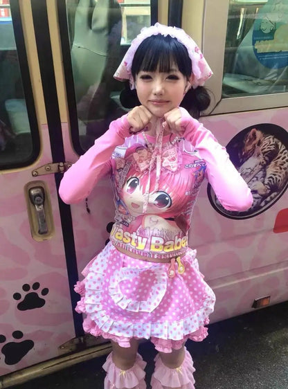 Deeptown Harajuku Kawaii Anime Graphic T Shirts Women Cutecore Cartoon Patchwork Tees Y2K Aesthetic Slim Crop Top Japanese 2000s SS69