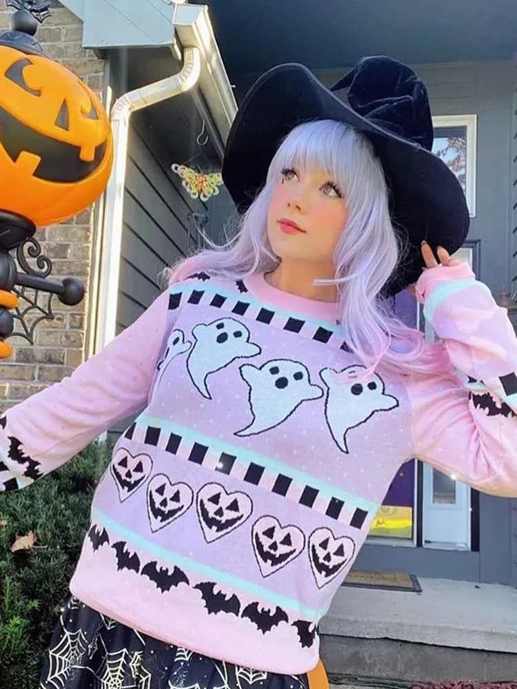 Yangelo Pink Kawaii Sweater Women's Knitted Top Gothic Ghost Bat Pattern Autumn Winter Warm Fairy Grunge Clothing