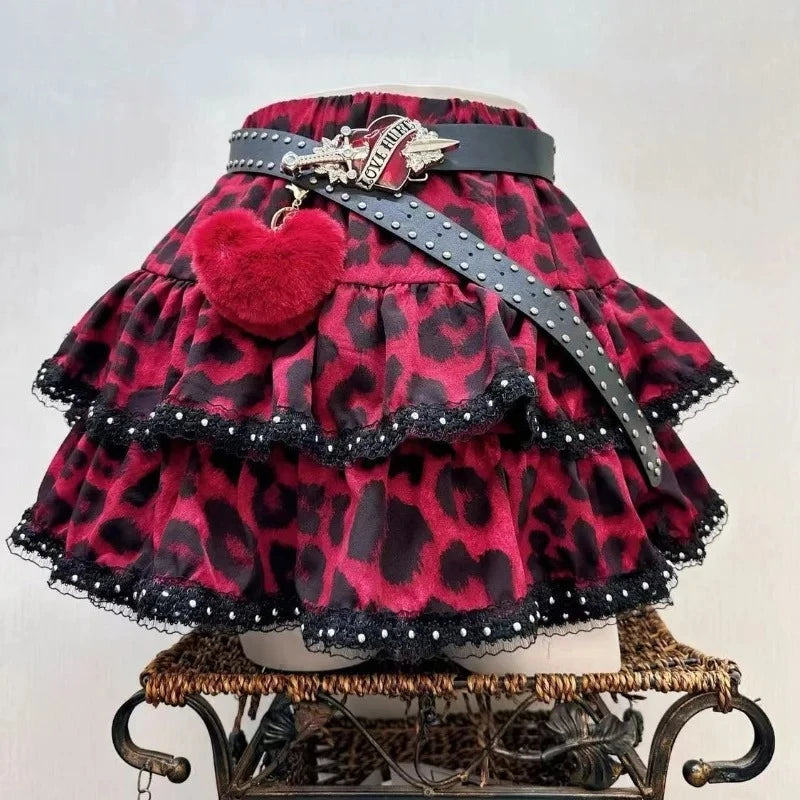 Y2k Japanese Vintage Lolita Style Short Party Skirts Women Gothic Leopard Print Mini Skirts Streetwear Harajuku Punk Skirt Chic