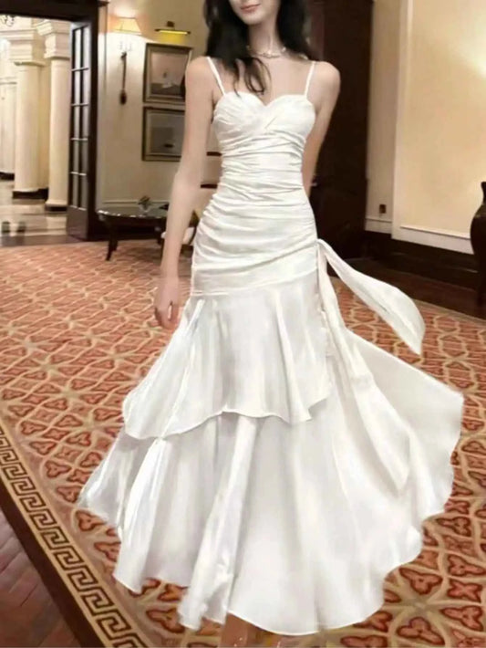 Women Summer New Elegant Ruffled Maxi Dress Light Luxury Bodycon Sling Fishtail Dresses Vintage Party Gown Prom and Events