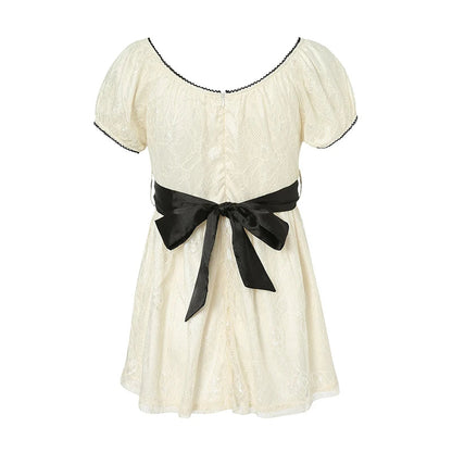 Xingqing 2024 Sweet Fairy Grunge Lace A Line Dresses Summer Women Patchwork Puff Sleeve Kawaii Dress 2000s Aesthetic Outfits SS69