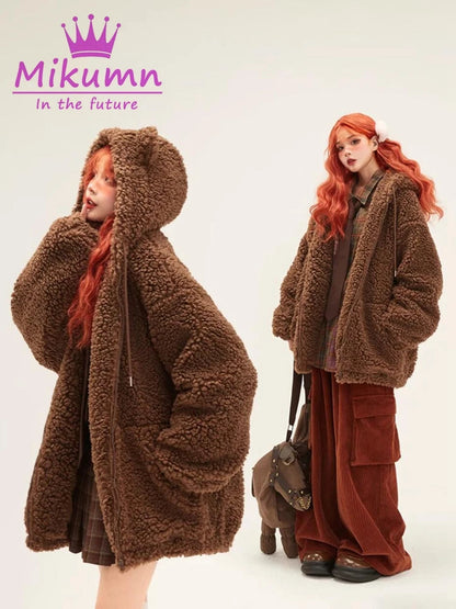 Mikumn Harajuku Y2k Cute Bear Ears Lamb Wool Coat Women's Winter Soft Thickened Warm Hooded Overcoat Female Casual Outwear SS69