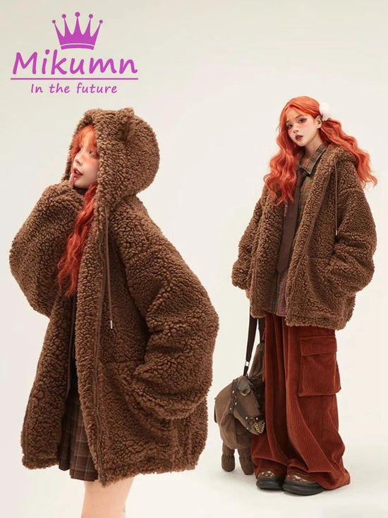 Mikumn Harajuku Y2k Cute Bear Ears Lamb Wool Coat Women's Winter Soft Thickened Warm Hooded Overcoat Female Casual Outwear SS69