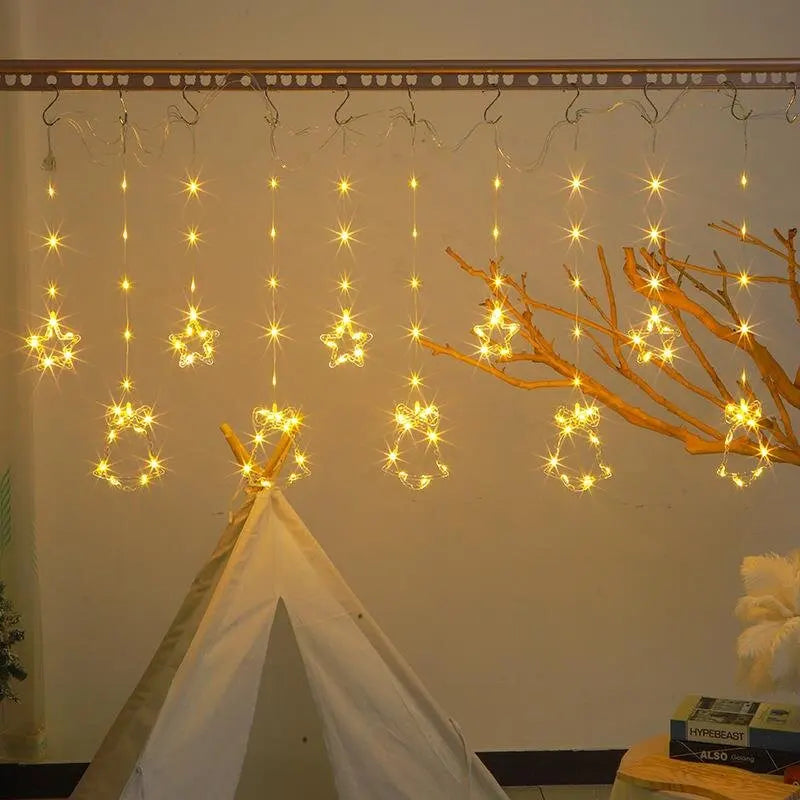 Christmas Curtain Lights LED String Lights with Tree Snowflake Star Deer Bell USB Remote 8 Modes Home Decor