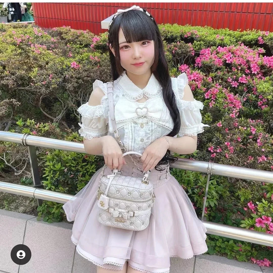 Japanese Liz Mine Women's Shirt Summer Off Shoulder Big Bow Short Sleeve Top Cute Girl BlousesHigh Waist Skirt 2 Piece Skirt Set SS69